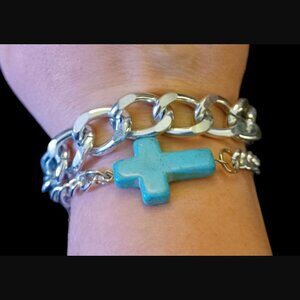 Religious Cross Dyed Howlite Charm Chunky Double Layered Lightweight Bracelet